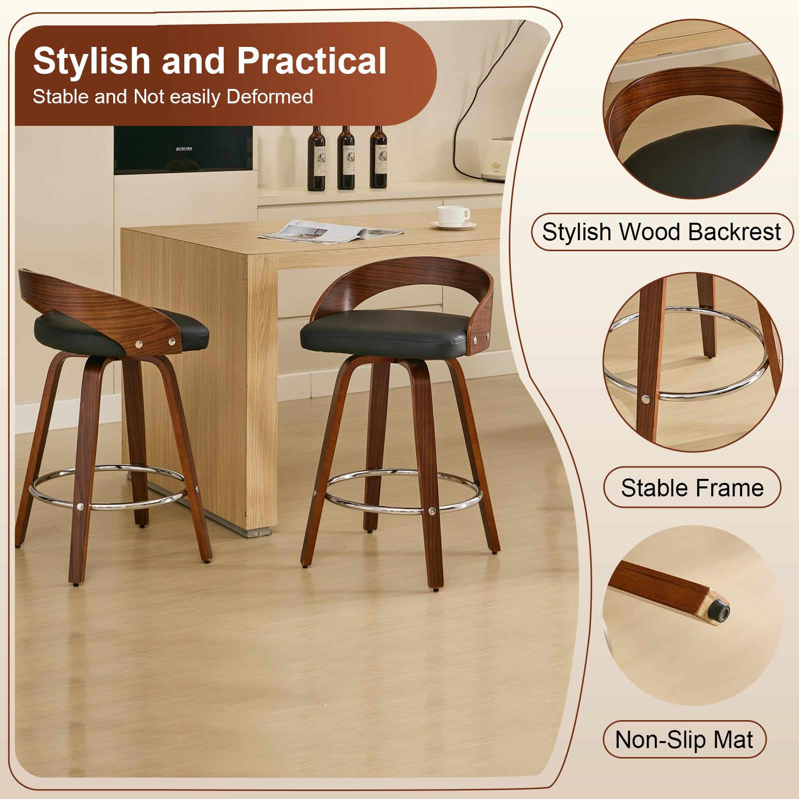 Walnut Low Back Swivel Bar Stools Set of 2