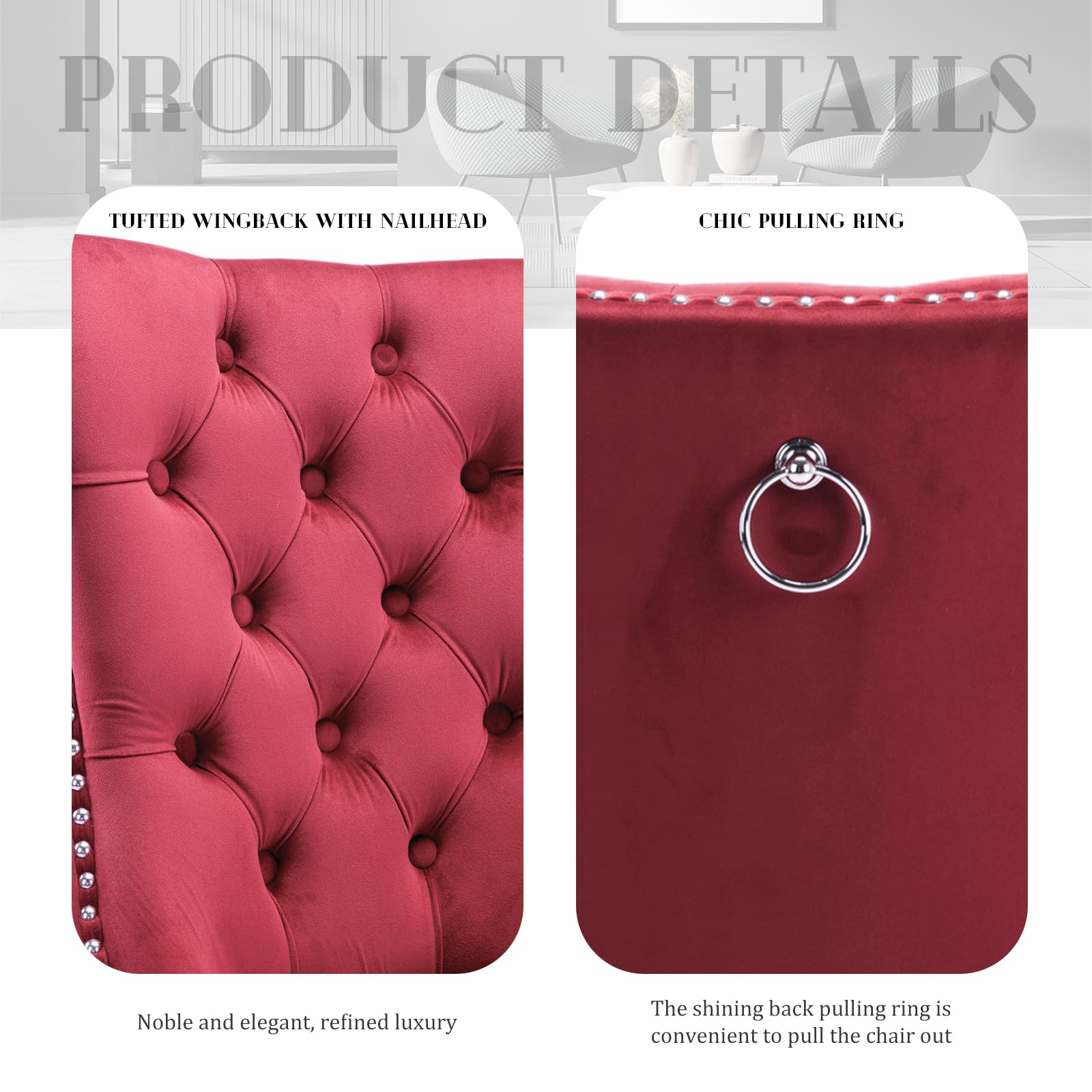 Modern Velvet Upholstered Dining Chairs Set of 2 with Nailhead Trim & Solid Wood Legs