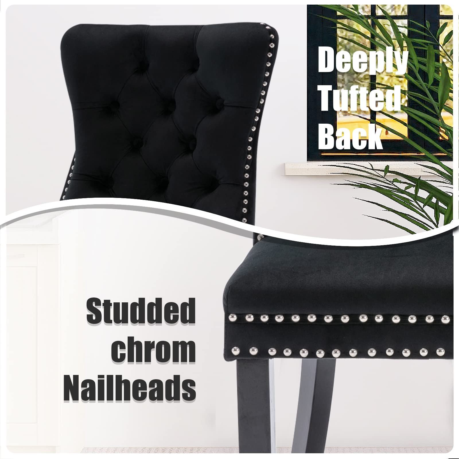 Modern Velvet Upholstered Dining Chairs Set of 2 with Nailhead Trim & Solid Wood Legs