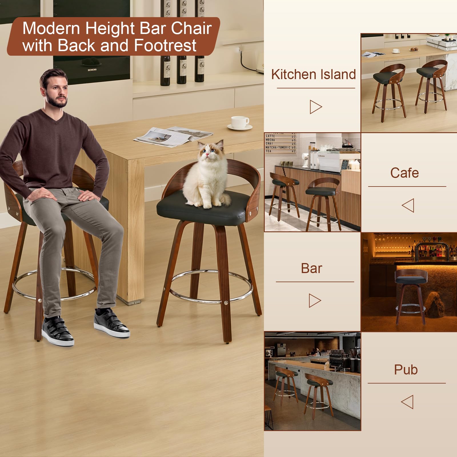 Walnut Low Back Swivel Bar Stools Set of 2