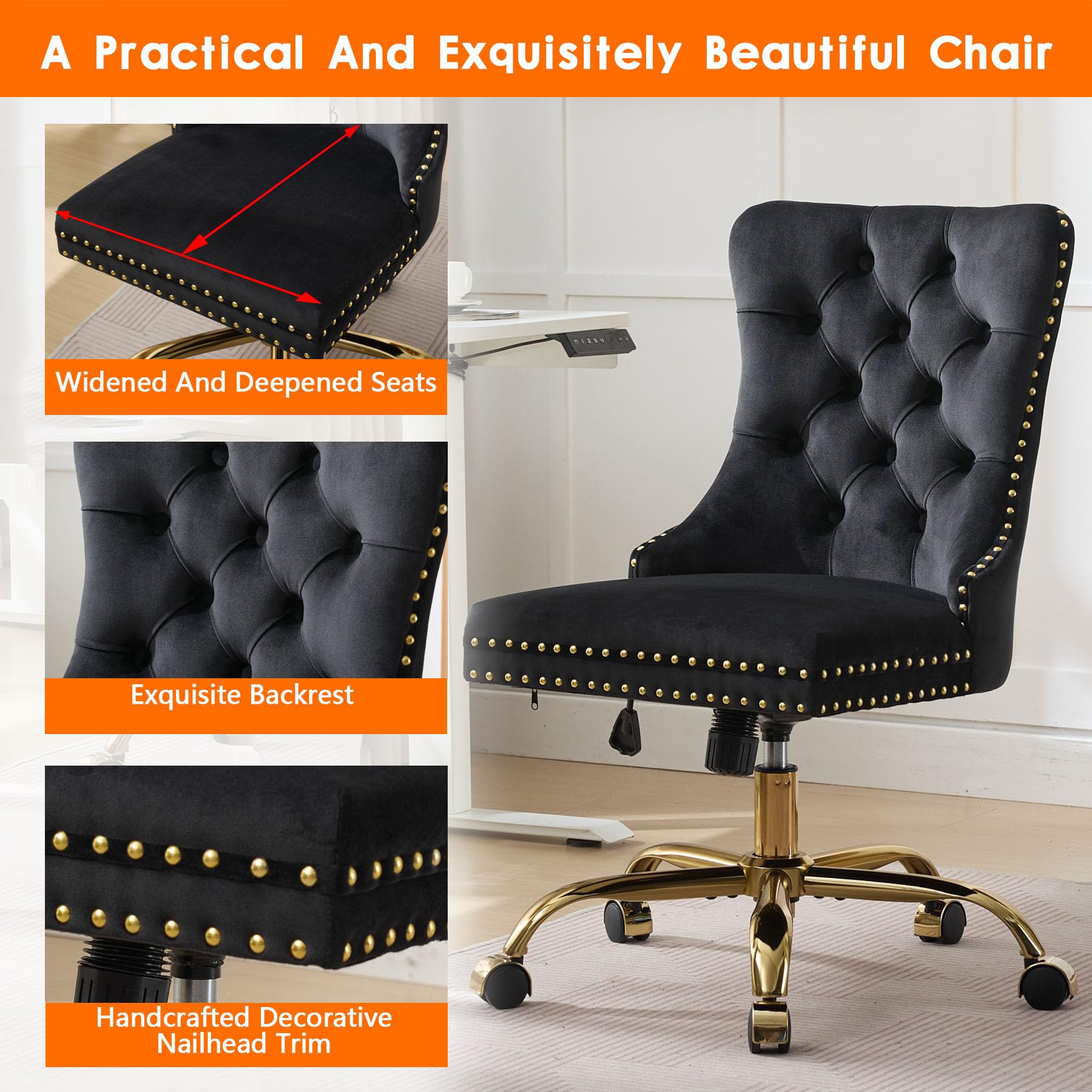 Velvet Tufted Office Chair – Adjustable Swivel Desk Chair with Gold Base & Soft Cushion