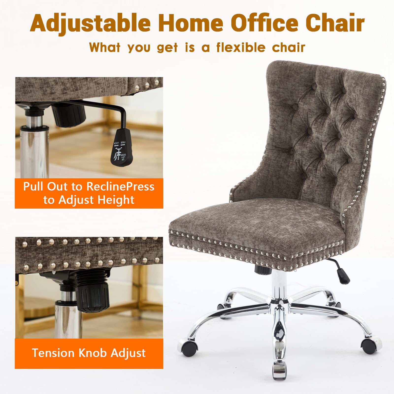 Velvet Tufted Office Chair – Adjustable Swivel Desk Chair with Gold Base & Soft Cushion