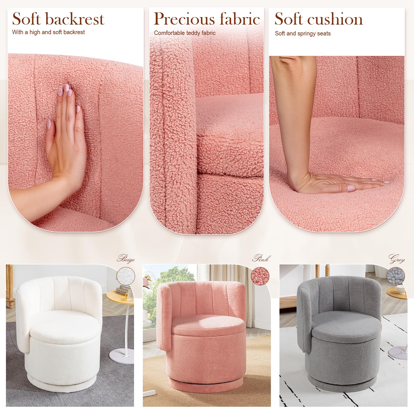 Modern 360° Swivel Accent Chair with Storage – Bouclé Barrel Chair for Living Room or Bedroom