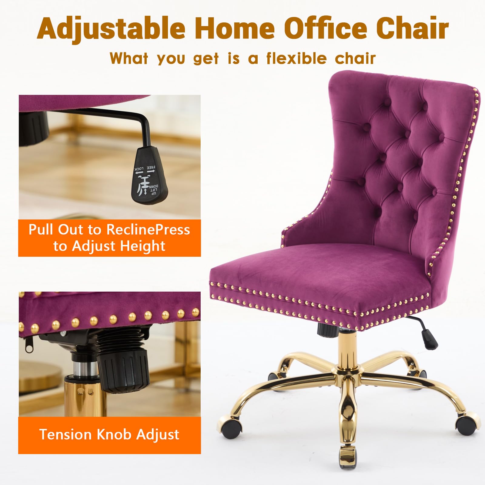 Velvet Tufted Office Chair – Adjustable Swivel Desk Chair with Gold Base & Soft Cushion