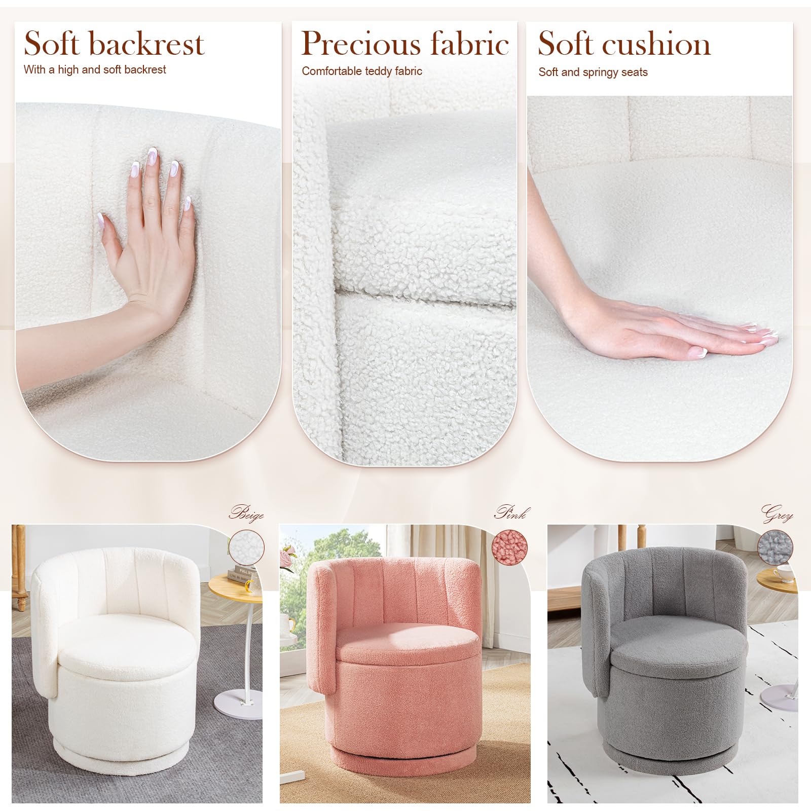 Modern 360° Swivel Accent Chair with Storage – Bouclé Barrel Chair for Living Room or Bedroom