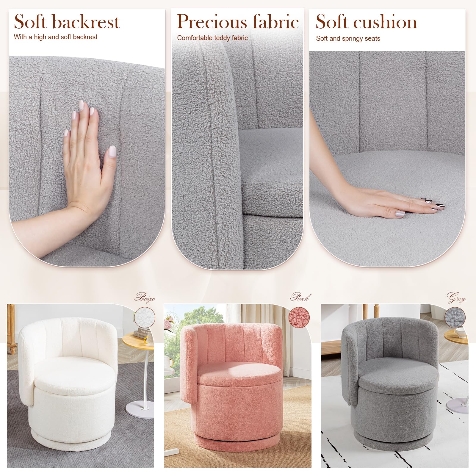 Modern 360° Swivel Accent Chair with Storage – Bouclé Barrel Chair for Living Room or Bedroom