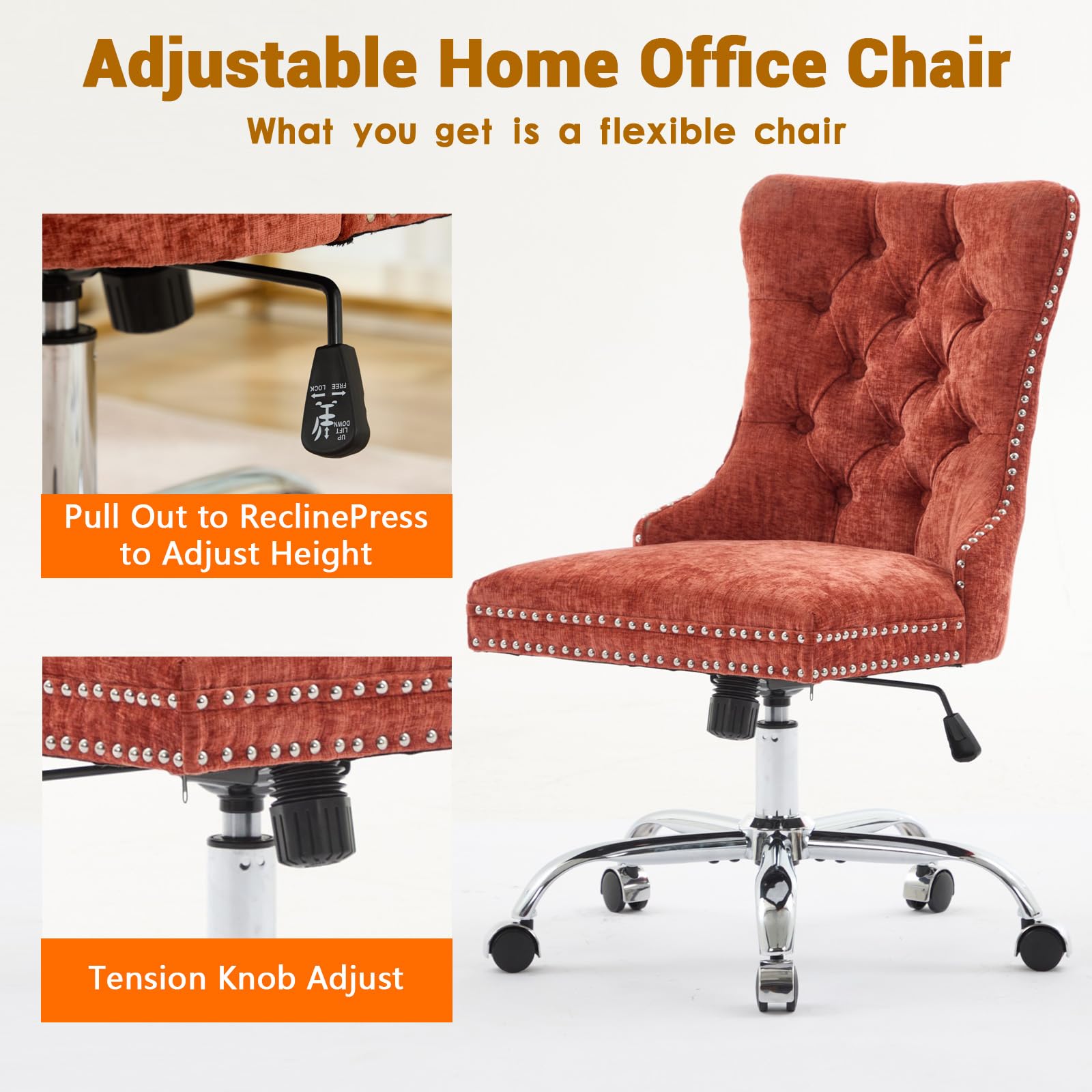 Velvet Tufted Office Chair – Adjustable Swivel Desk Chair with Gold Base & Soft Cushion