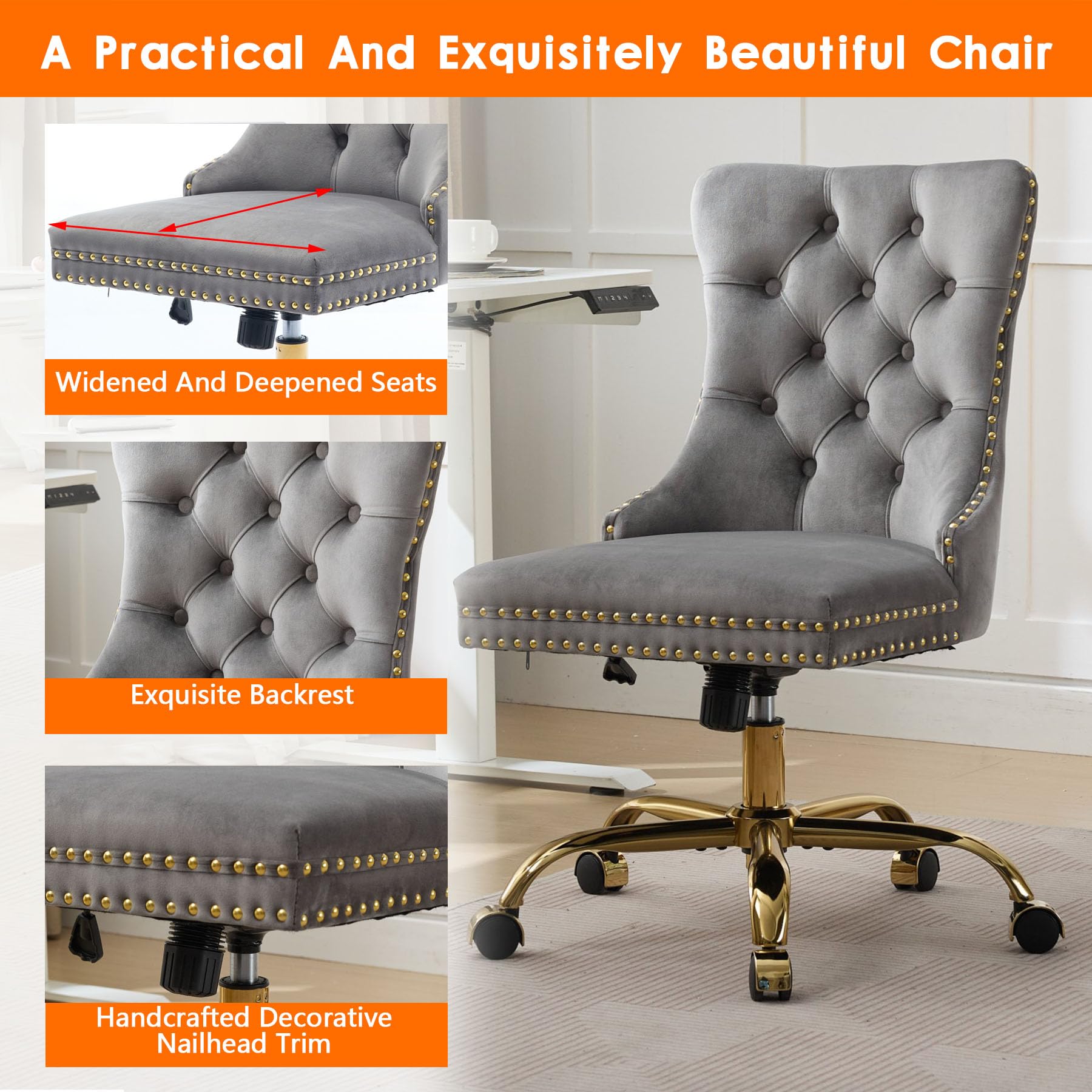 Velvet Tufted Office Chair – Adjustable Swivel Desk Chair with Gold Base & Soft Cushion