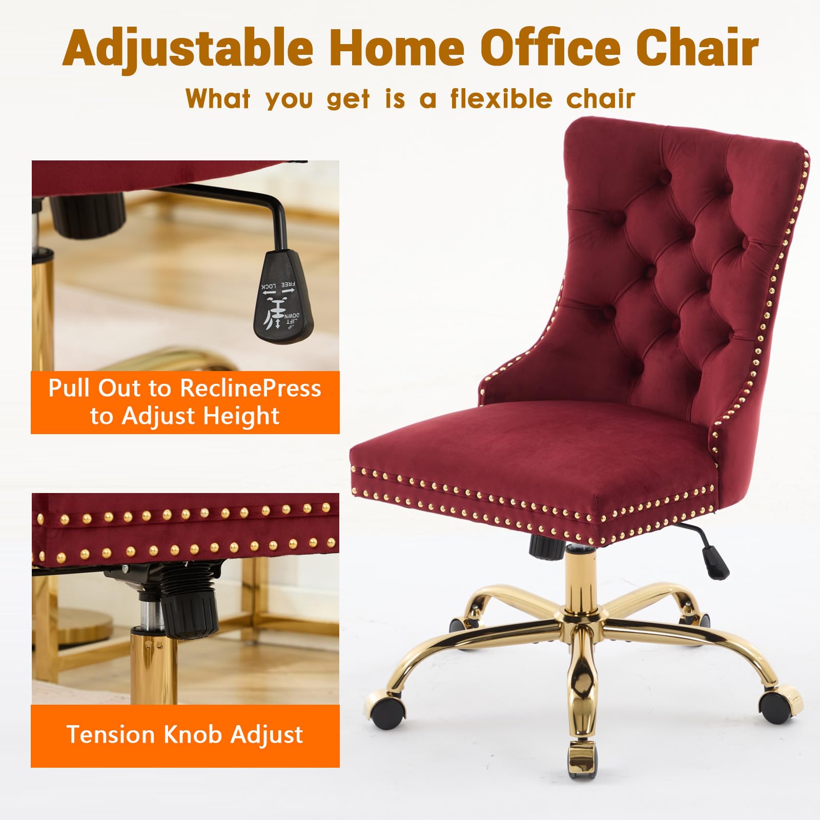 Velvet Tufted Office Chair – Adjustable Swivel Desk Chair with Gold Base & Soft Cushion