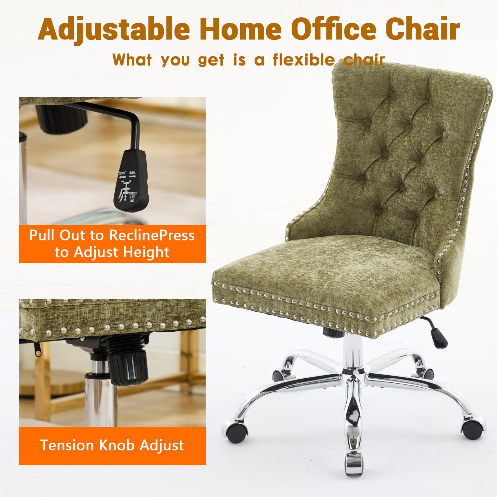 Velvet Tufted Office Chair – Adjustable Swivel Desk Chair with Gold Base & Soft Cushion