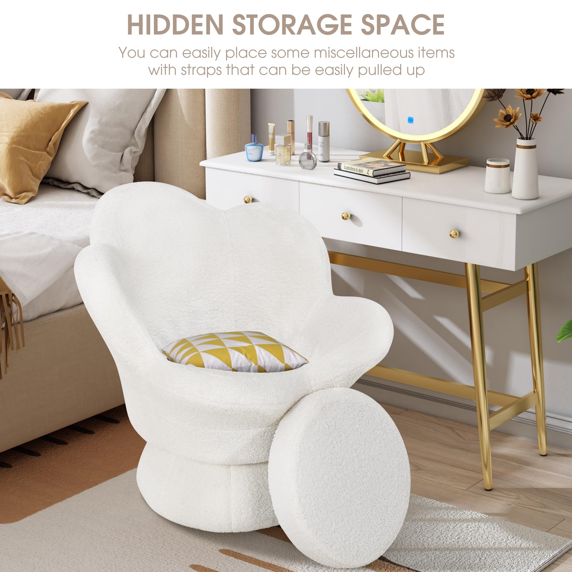 Bouclé Flower Swivel Vanity Chair – 360° Petal Accent Chair for Bedroom or Living Room