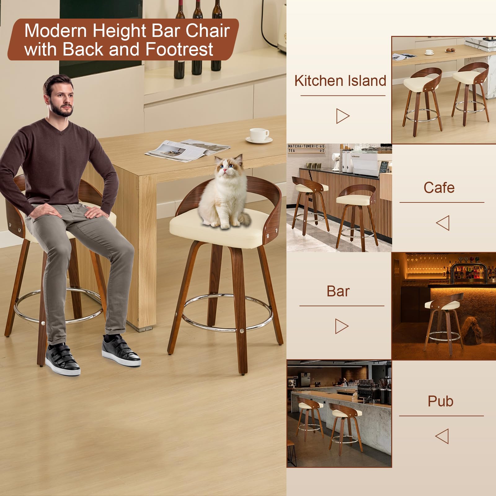 Walnut Low Back Swivel Bar Stools Set of 2