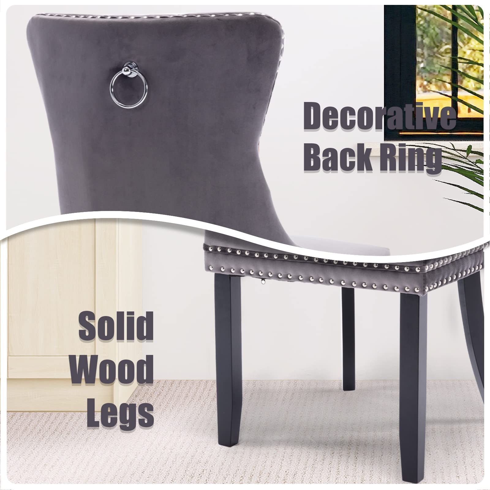 Modern Velvet Upholstered Dining Chairs Set of 2 with Nailhead Trim & Solid Wood Legs