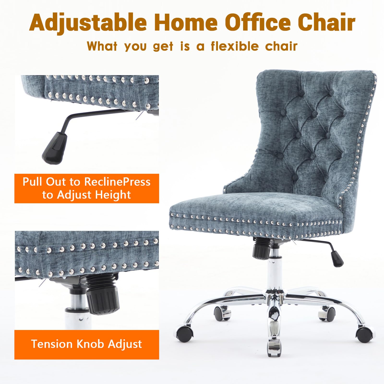 Velvet Tufted Office Chair – Adjustable Swivel Desk Chair with Gold Base & Soft Cushion