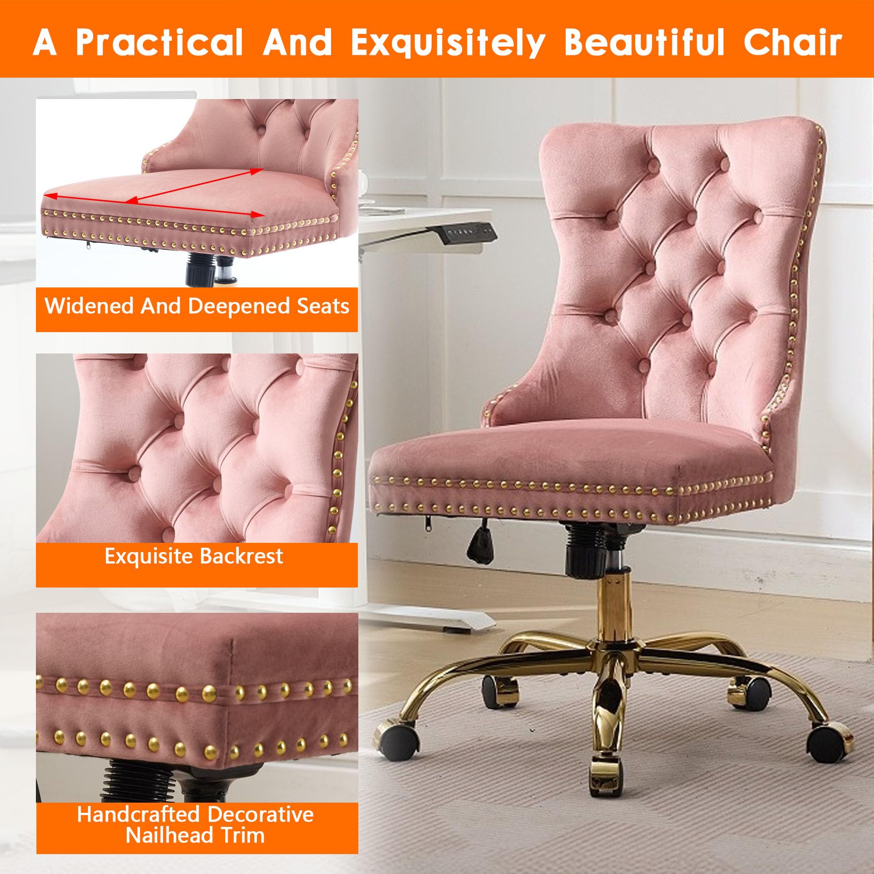 Velvet Tufted Office Chair – Adjustable Swivel Desk Chair with Gold Base & Soft Cushion