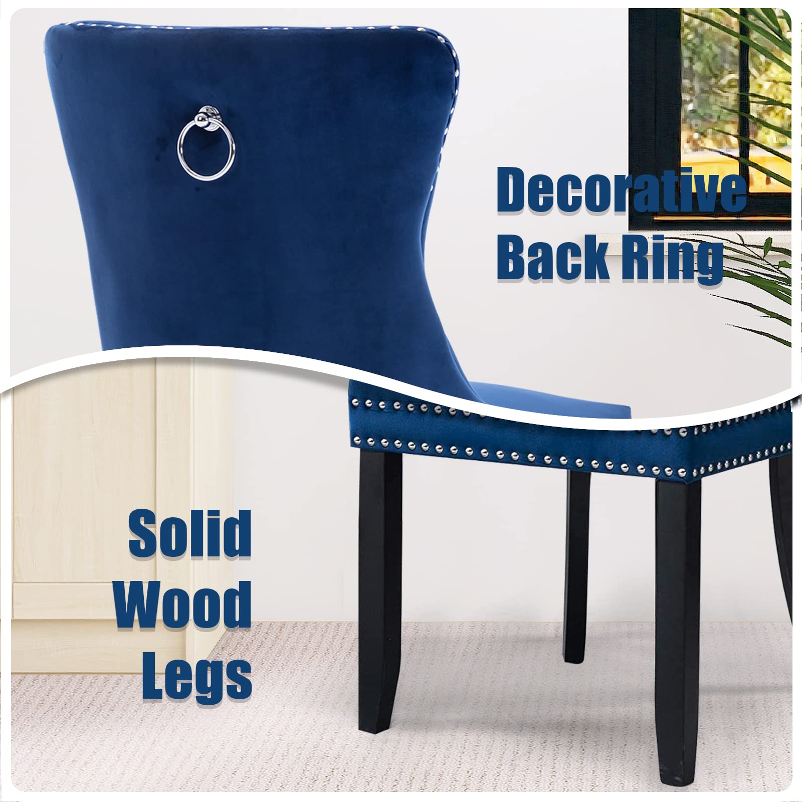 Modern Velvet Upholstered Dining Chairs Set of 2 with Nailhead Trim & Solid Wood Legs
