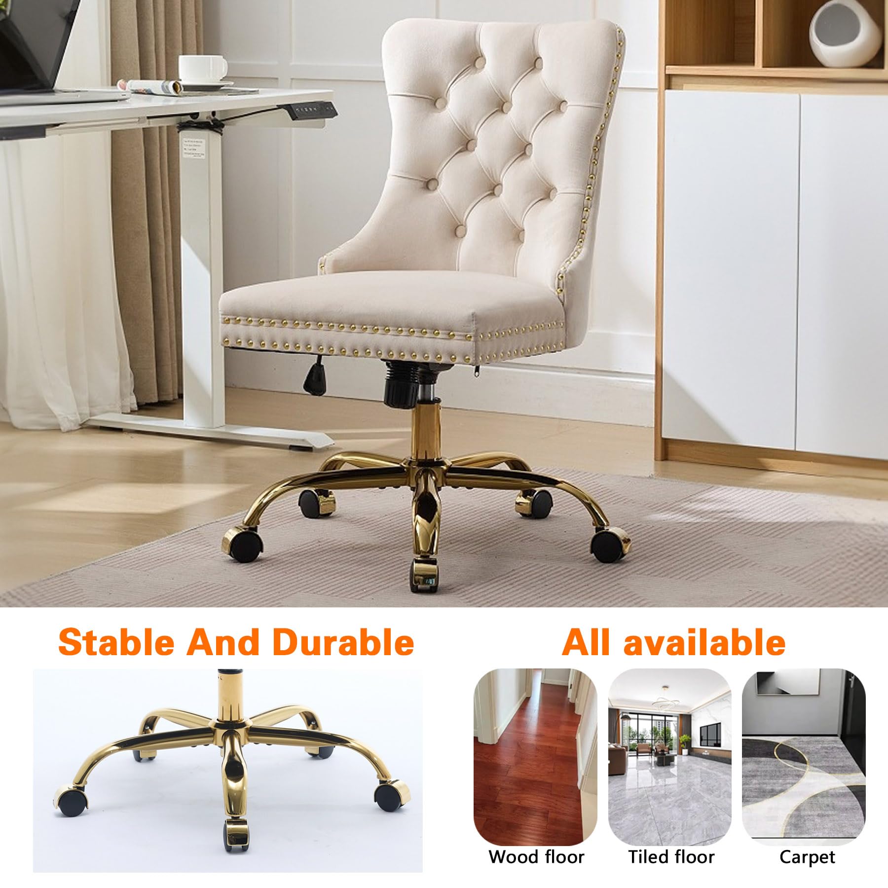 Velvet Tufted Office Chair – Adjustable Swivel Desk Chair with Gold Base & Soft Cushion