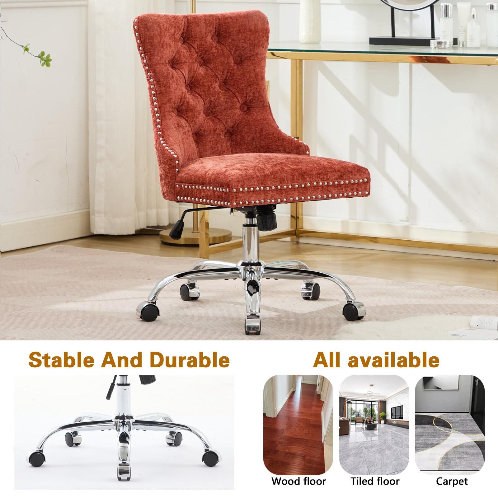 Velvet Tufted Office Chair – Adjustable Swivel Desk Chair with Gold Base & Soft Cushion