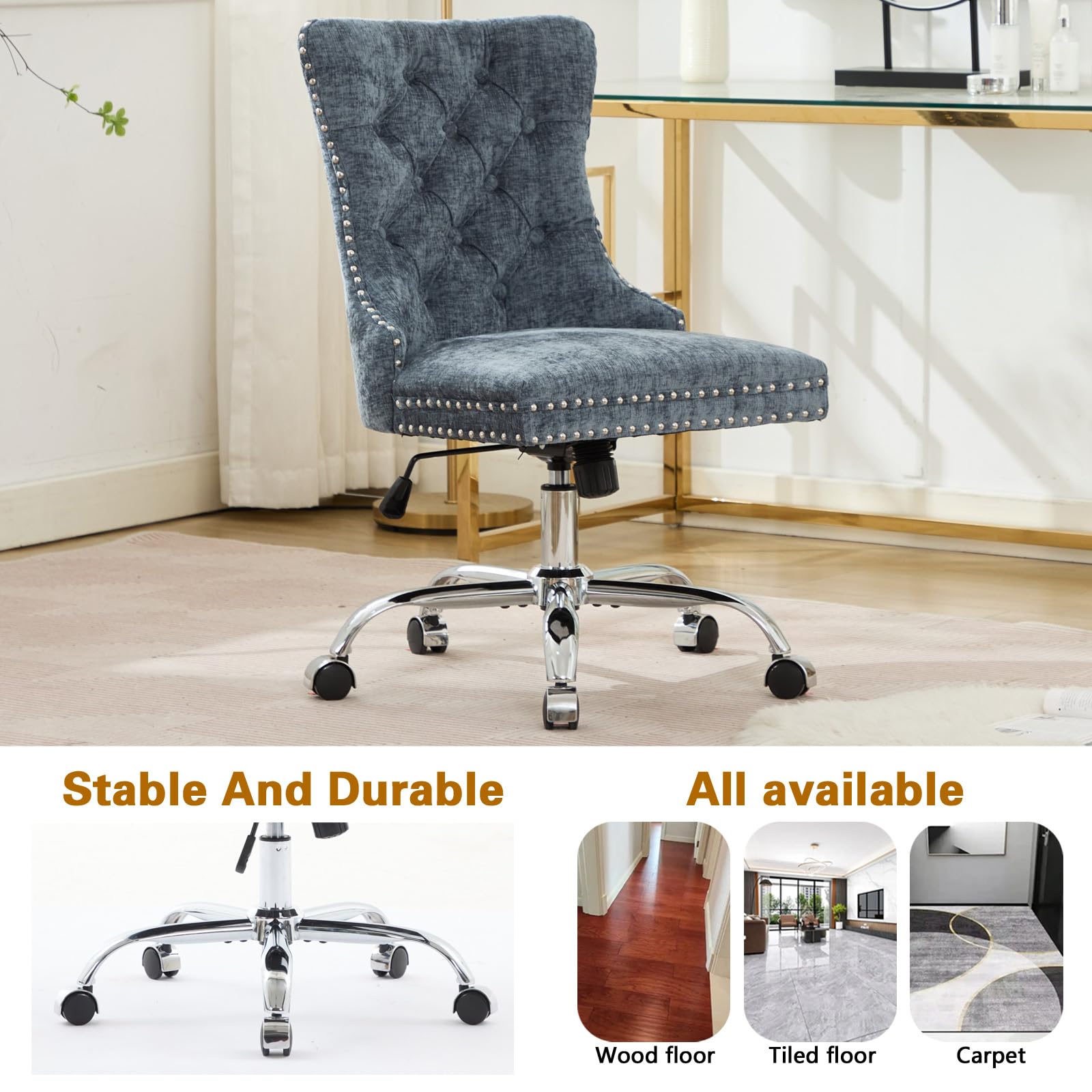 Velvet Tufted Office Chair – Adjustable Swivel Desk Chair with Gold Base & Soft Cushion