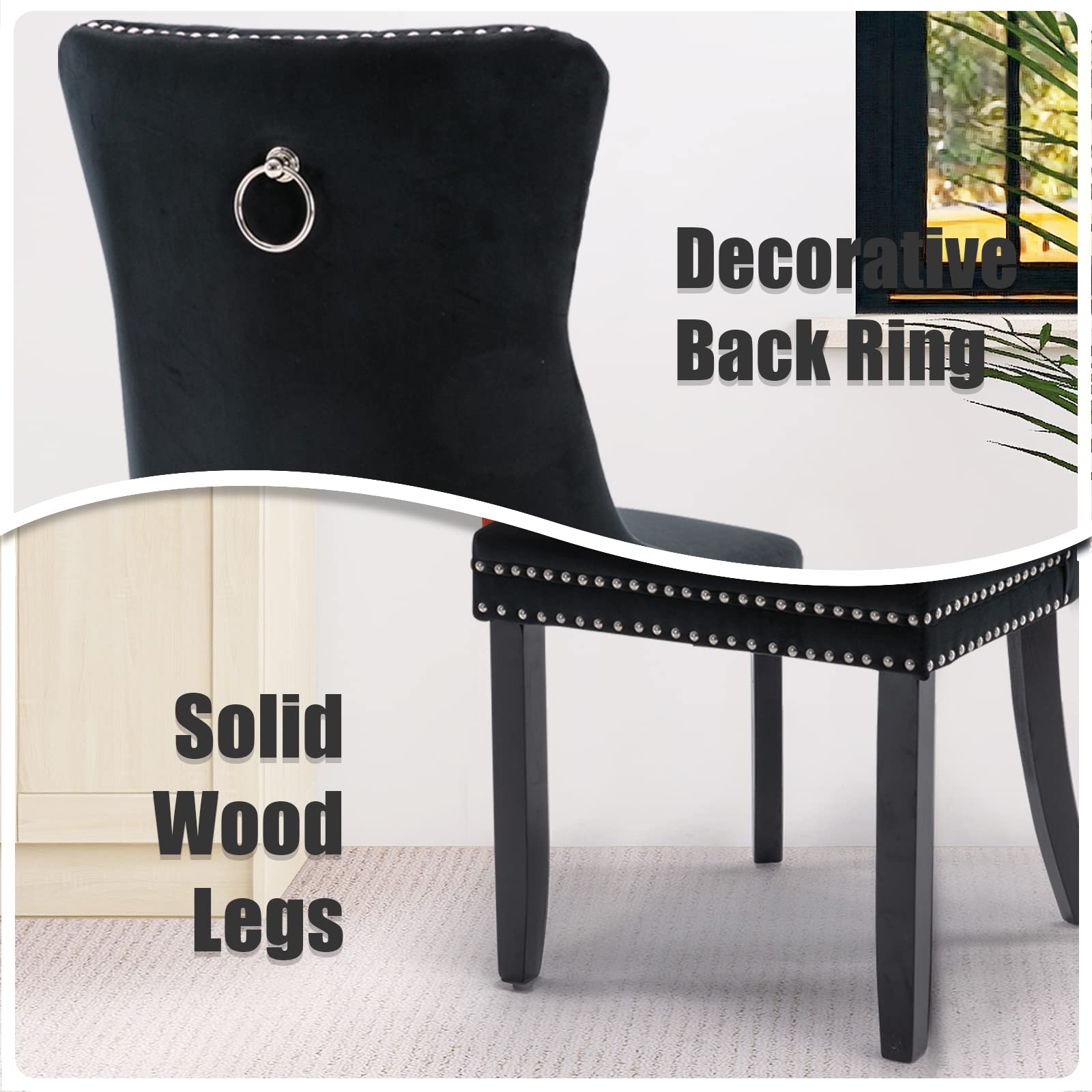 Modern Velvet Upholstered Dining Chairs Set of 2 with Nailhead Trim & Solid Wood Legs
