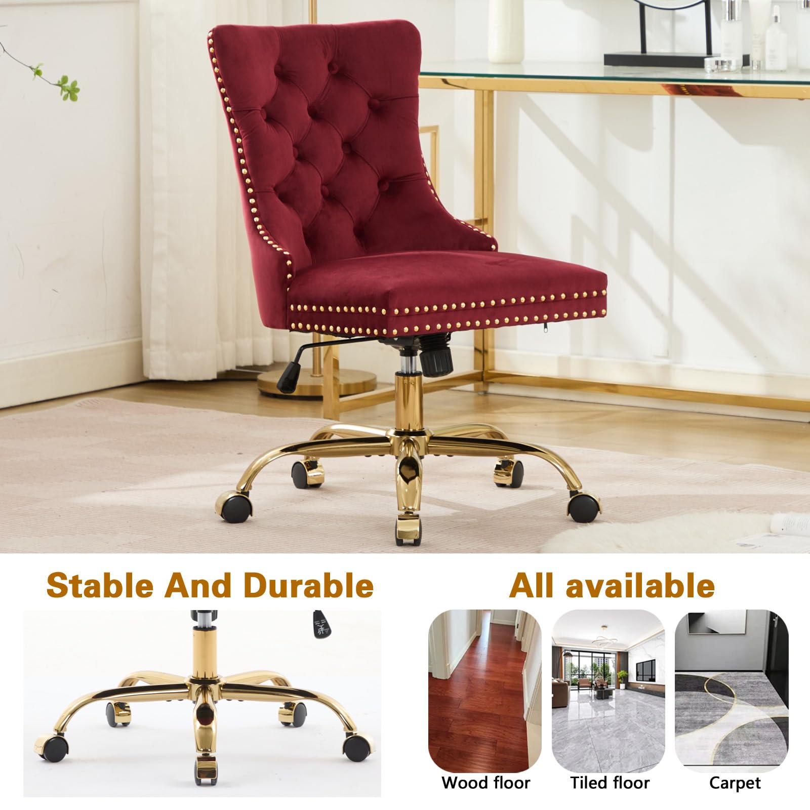 Velvet Tufted Office Chair – Adjustable Swivel Desk Chair with Gold Base & Soft Cushion