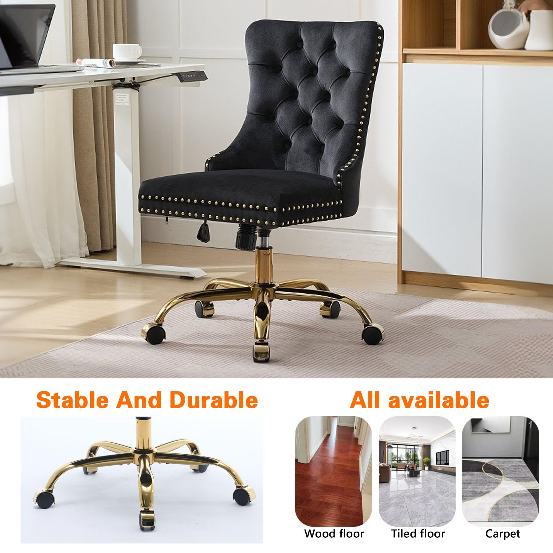 Velvet Tufted Office Chair – Adjustable Swivel Desk Chair with Gold Base & Soft Cushion