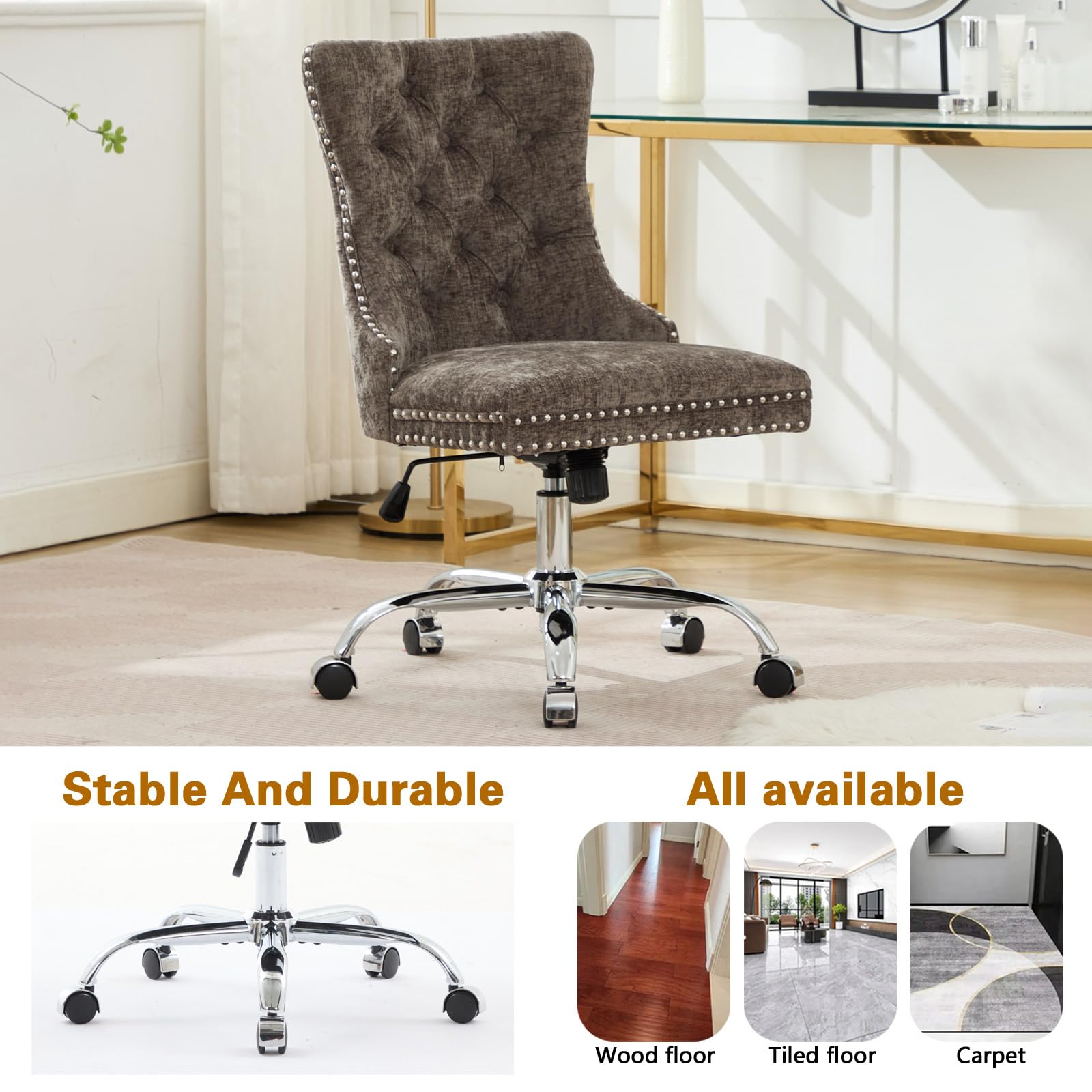 Velvet Tufted Office Chair – Adjustable Swivel Desk Chair with Gold Base & Soft Cushion