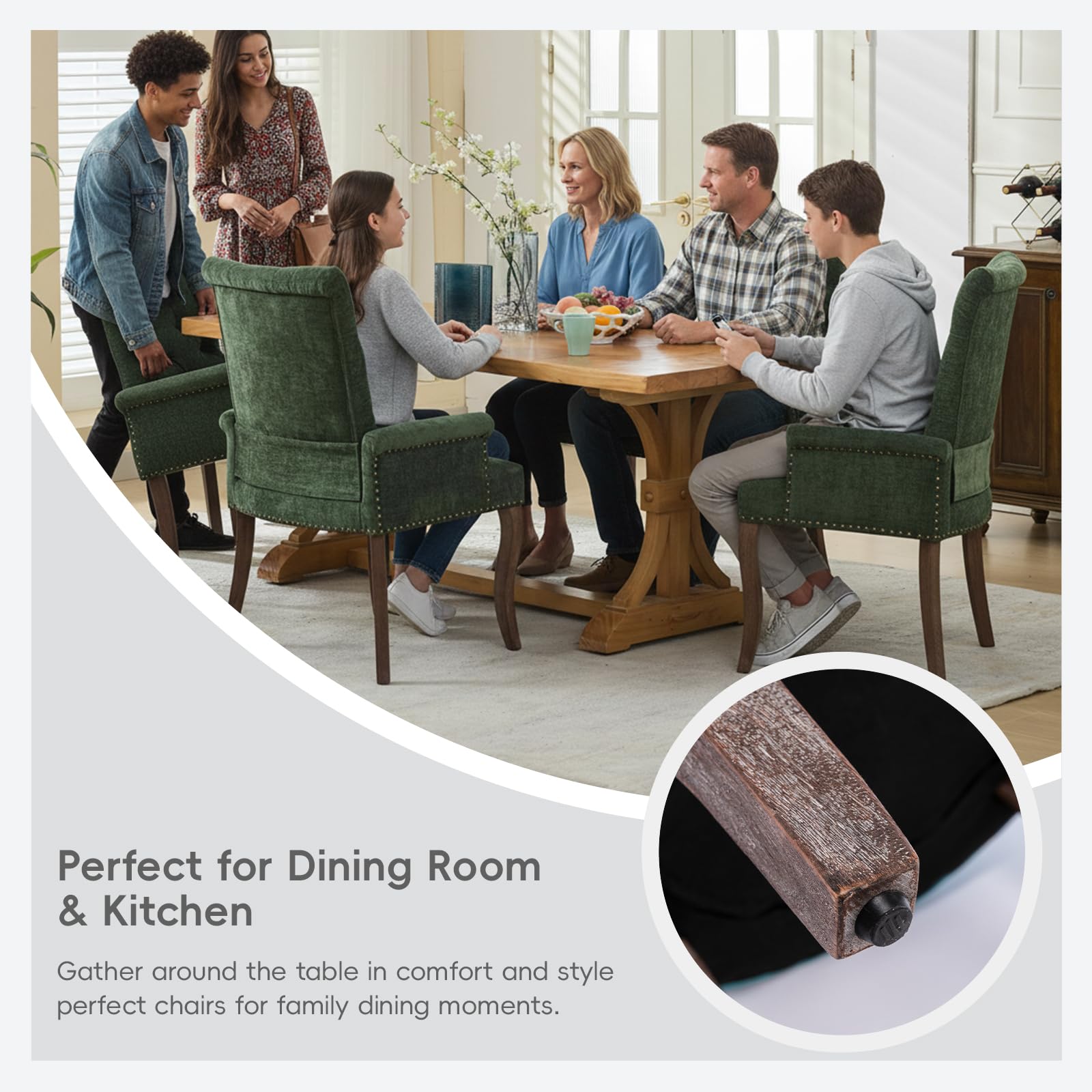 Upholstered Chenille Tufted Dining Chair with Arms – Solid Wood Frame Accent Chair for Dining Room, Kitchen & Living Room