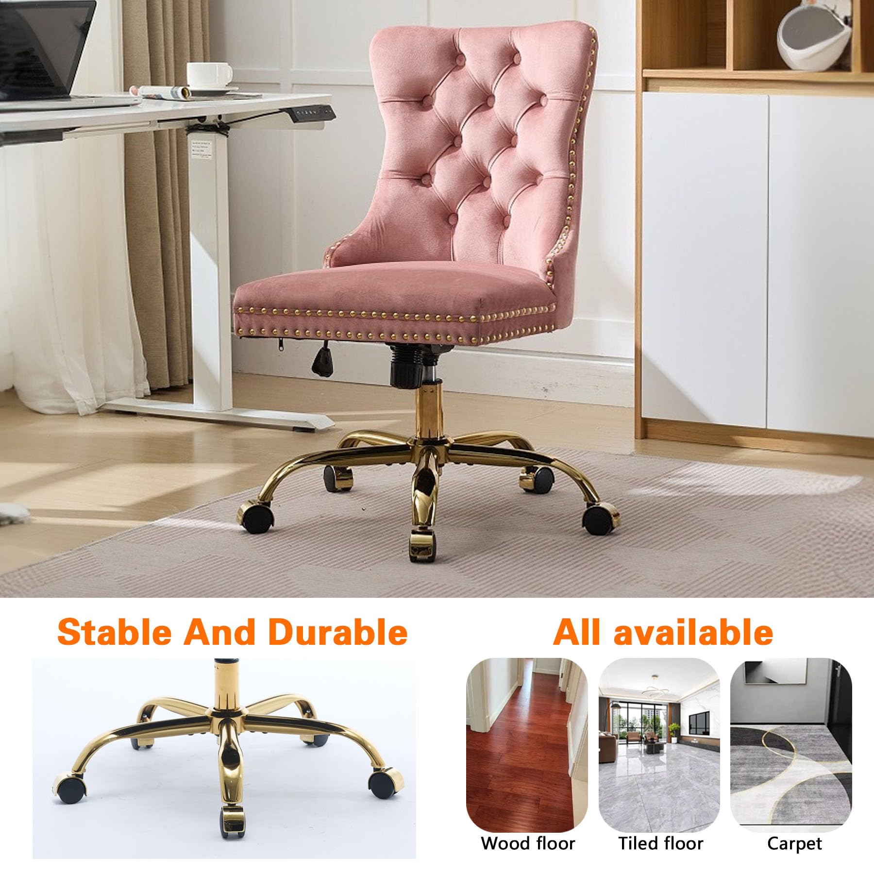 Velvet Tufted Office Chair – Adjustable Swivel Desk Chair with Gold Base & Soft Cushion