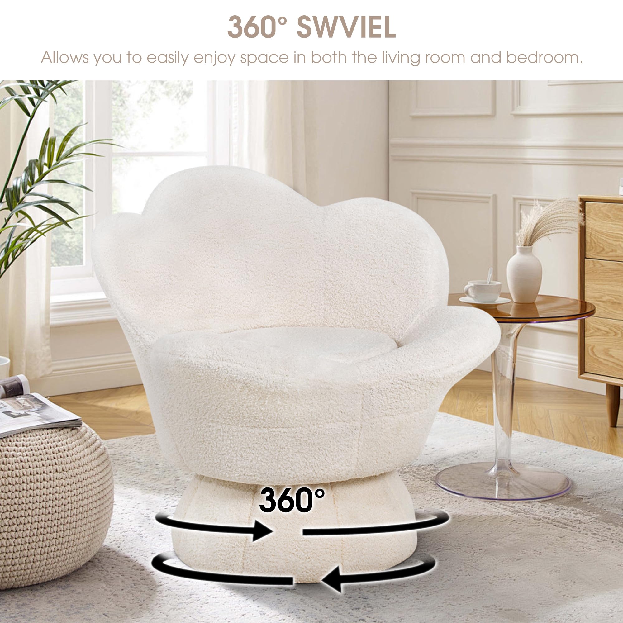 Bouclé Flower Swivel Vanity Chair – 360° Petal Accent Chair for Bedroom or Living Room