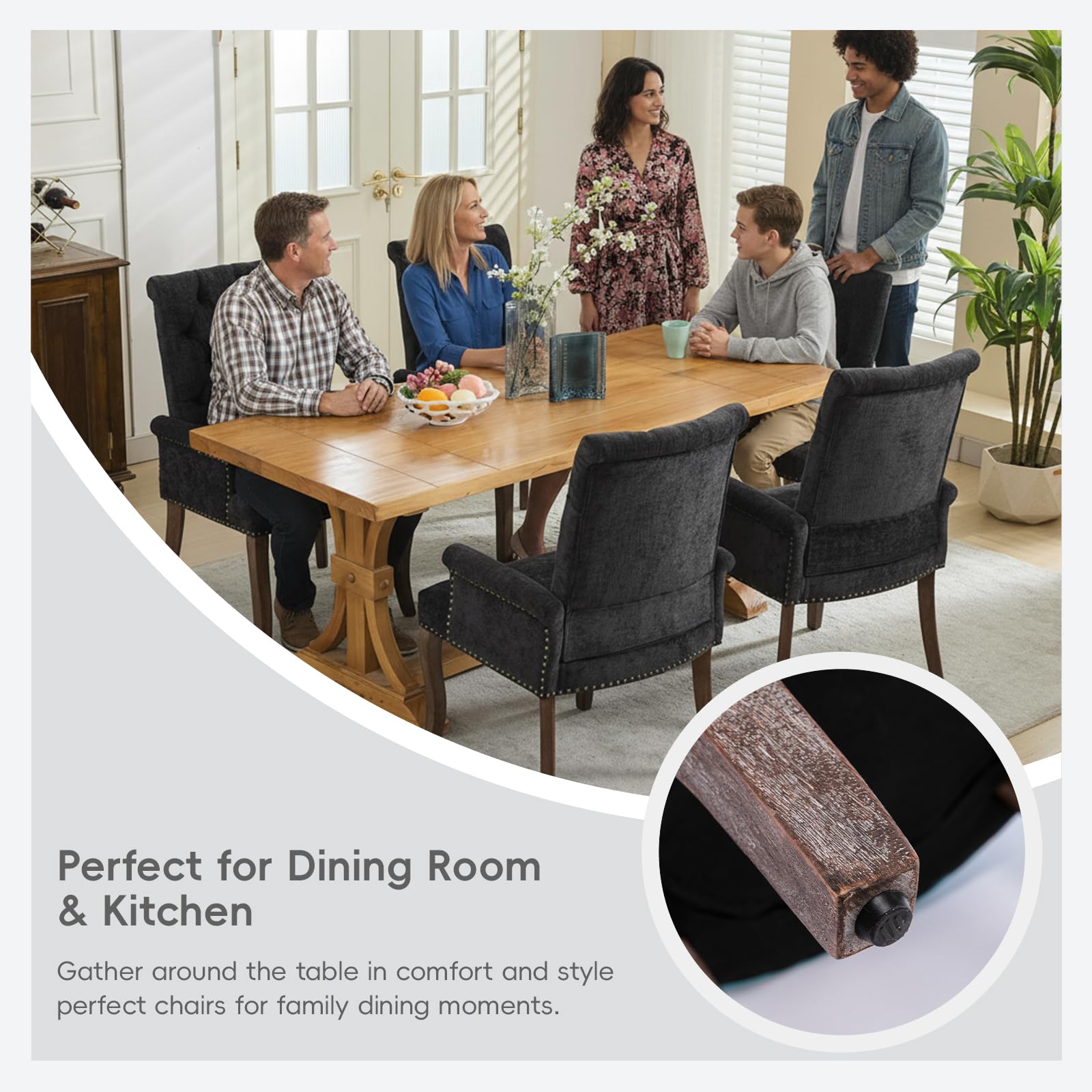 Upholstered Chenille Tufted Dining Chair with Arms – Solid Wood Frame Accent Chair for Dining Room, Kitchen & Living Room