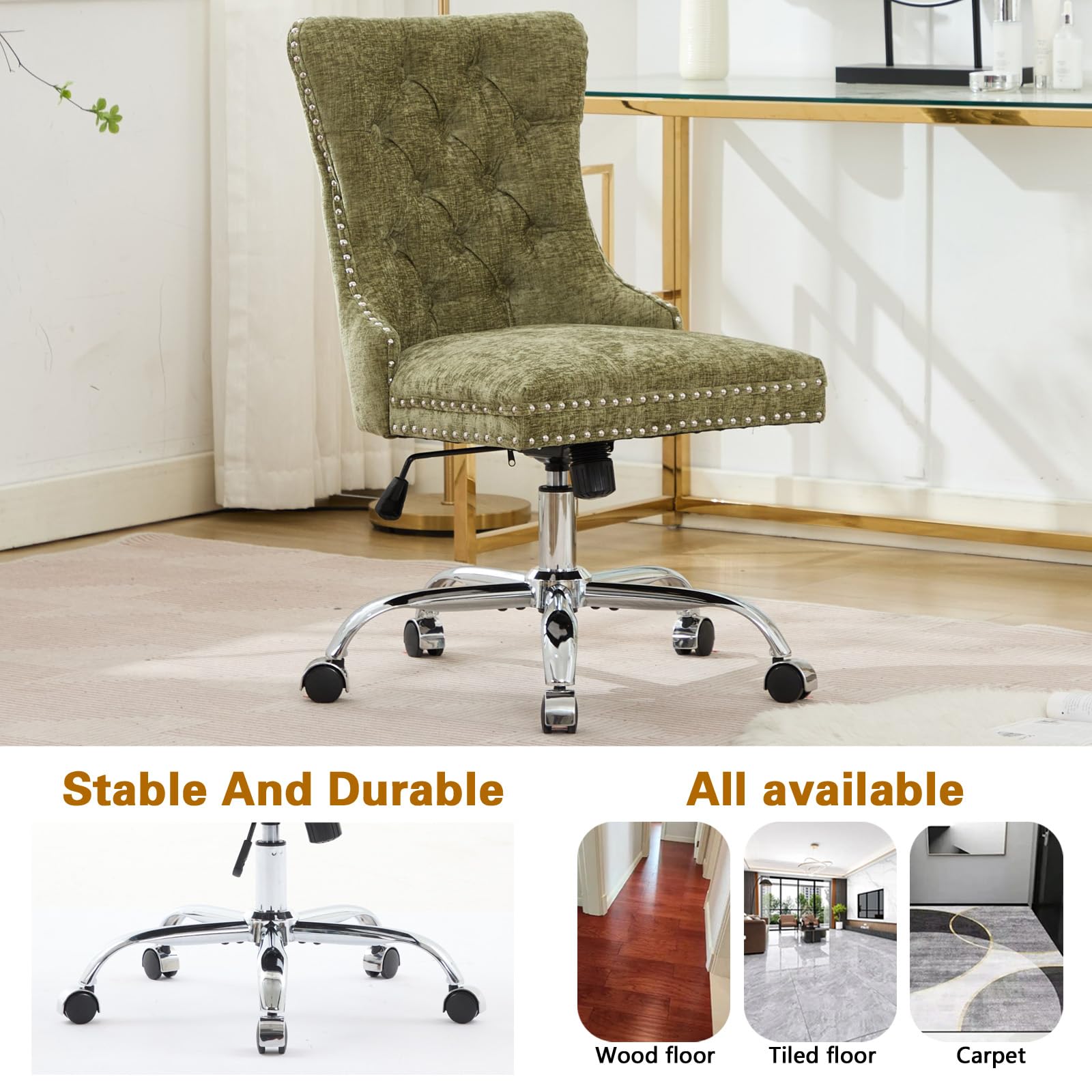 Velvet Tufted Office Chair – Adjustable Swivel Desk Chair with Gold Base & Soft Cushion