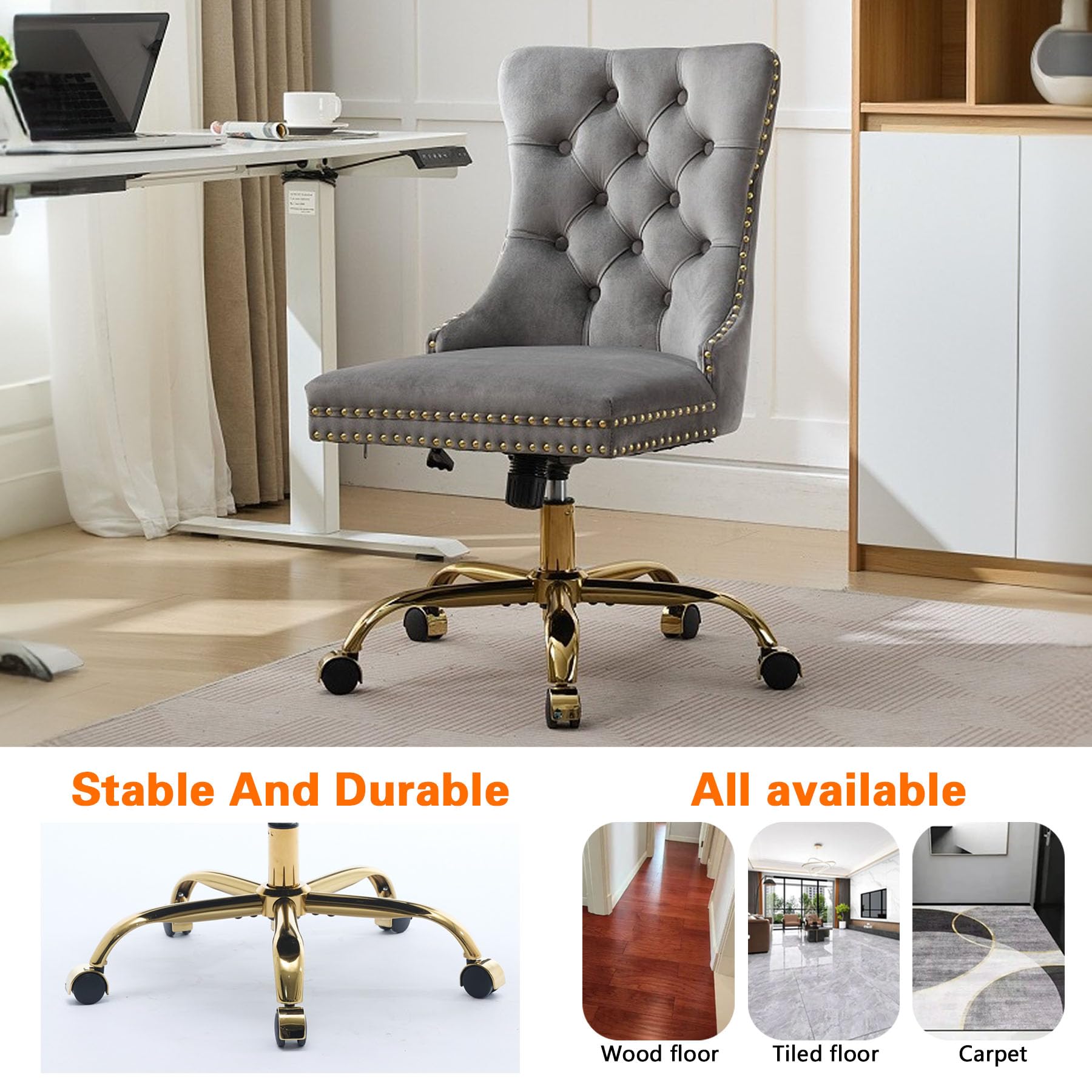 Velvet Tufted Office Chair – Adjustable Swivel Desk Chair with Gold Base & Soft Cushion