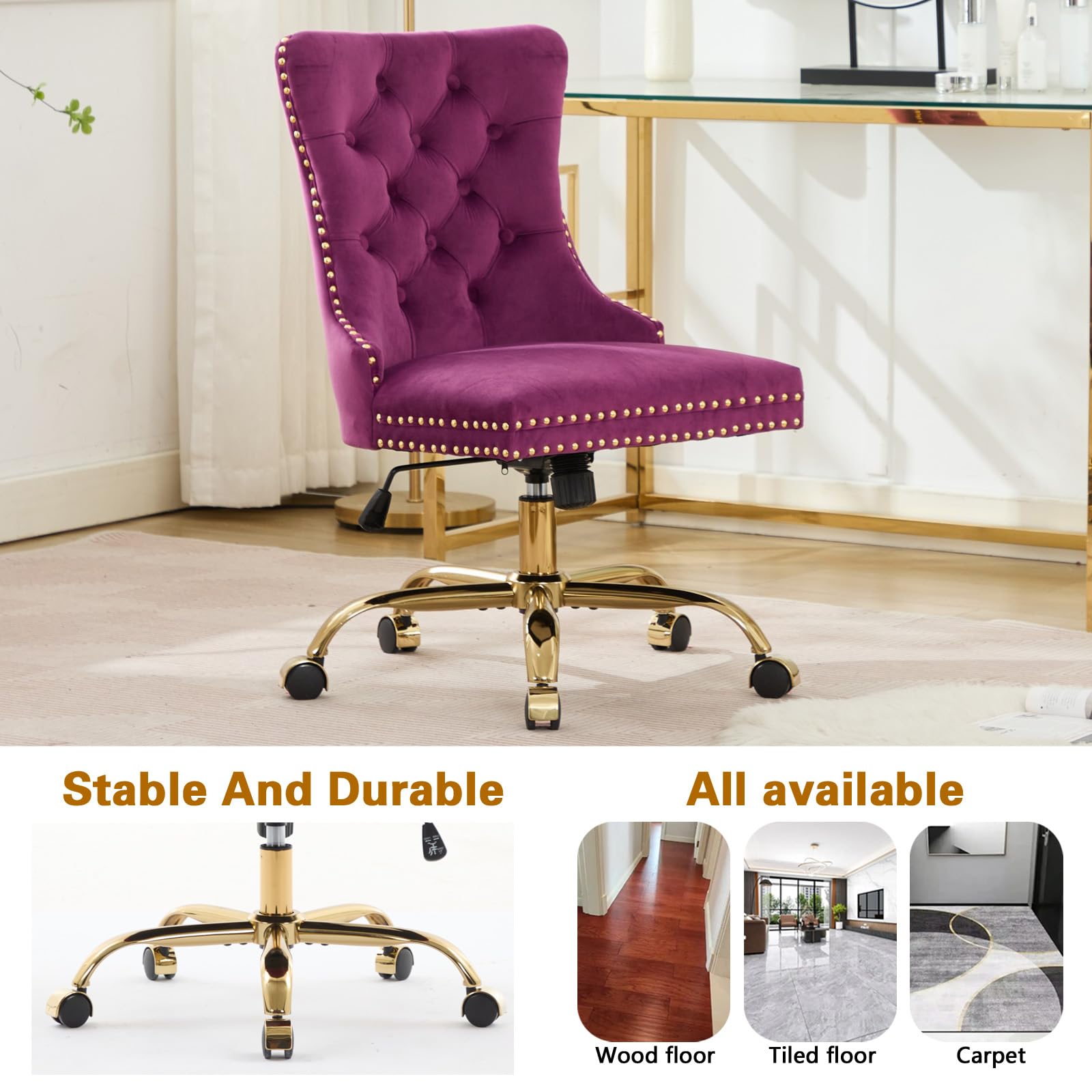 Velvet Tufted Office Chair – Adjustable Swivel Desk Chair with Gold Base & Soft Cushion