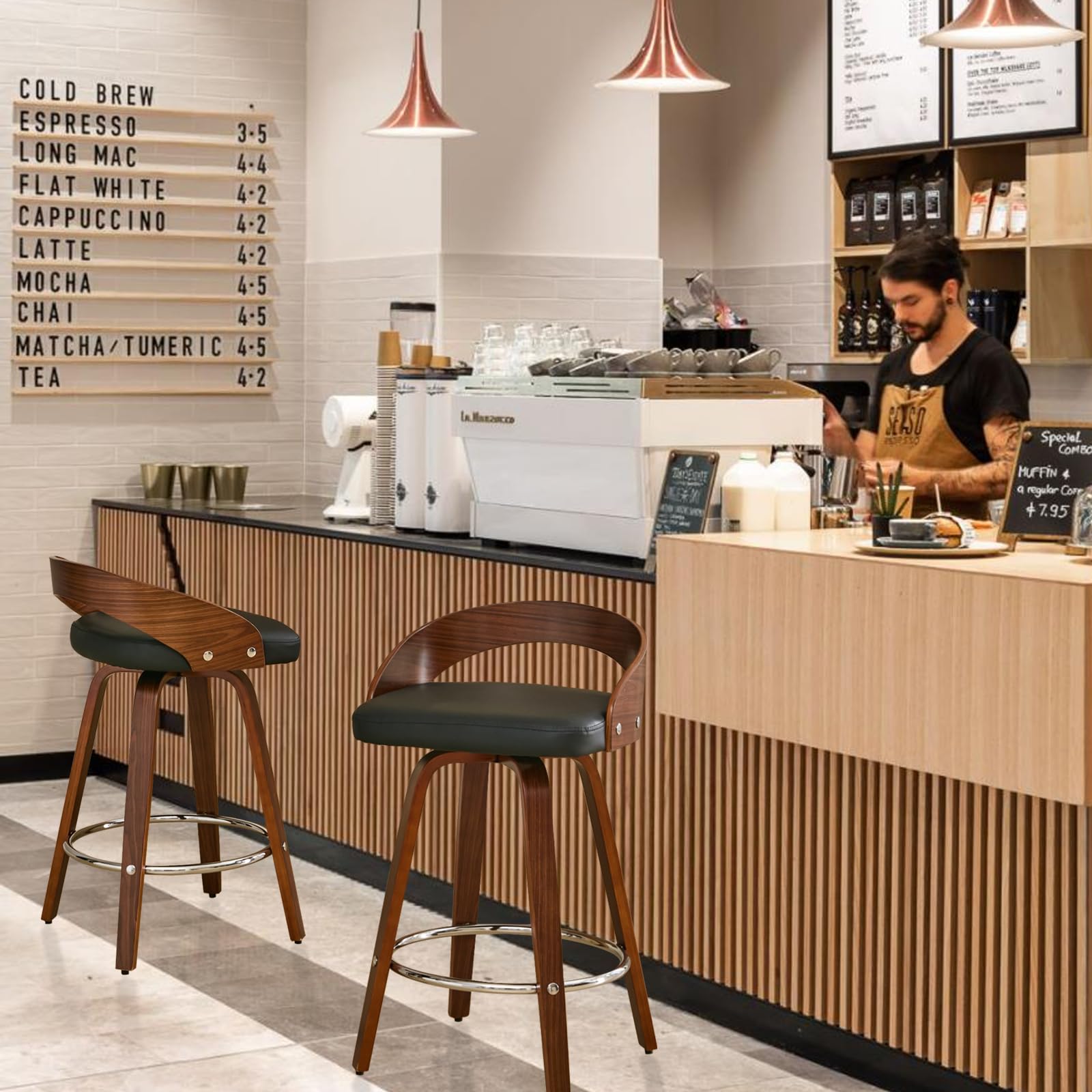 Walnut Low Back Swivel Bar Stools Set of 2