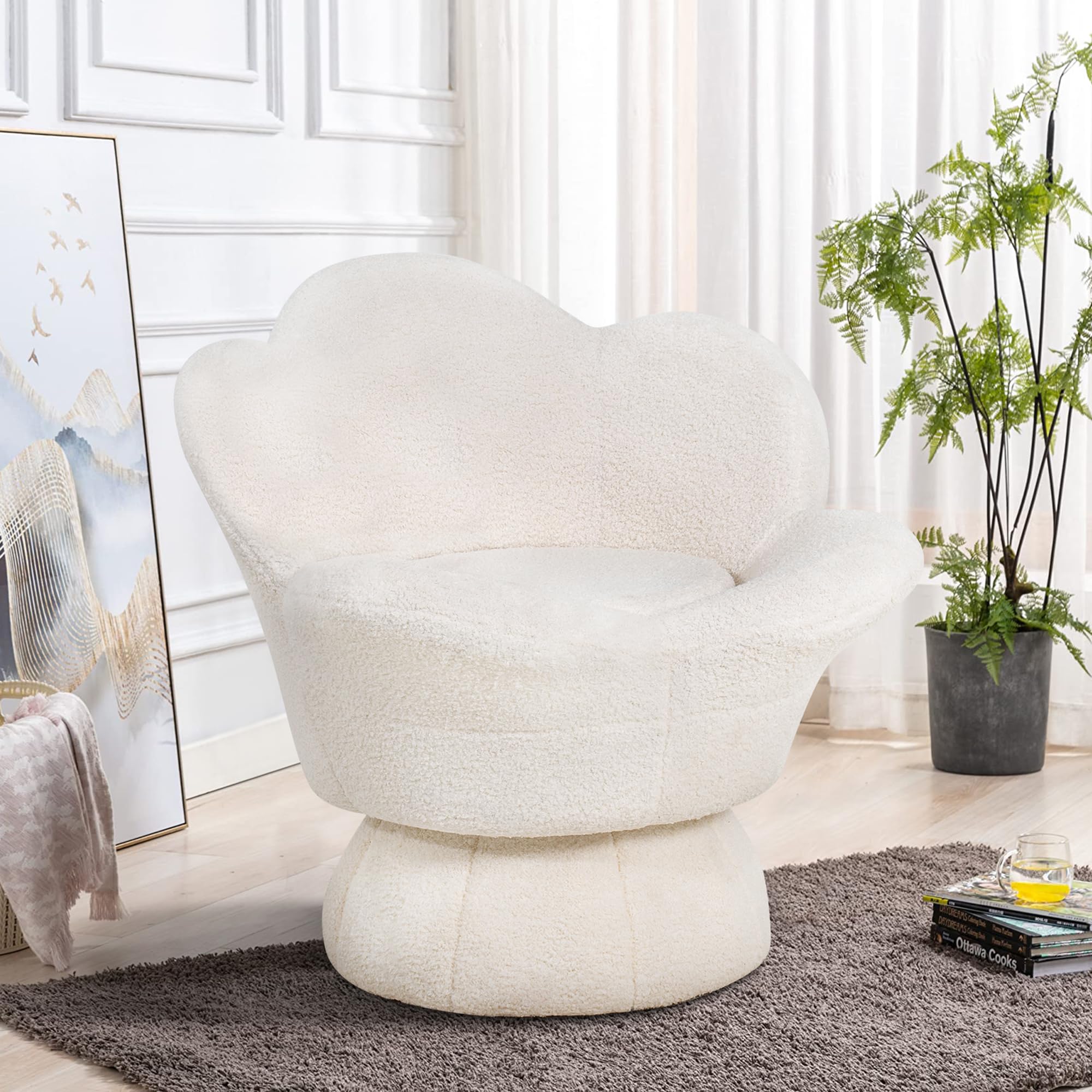 Bouclé Flower Swivel Vanity Chair – 360° Petal Accent Chair for Bedroom or Living Room