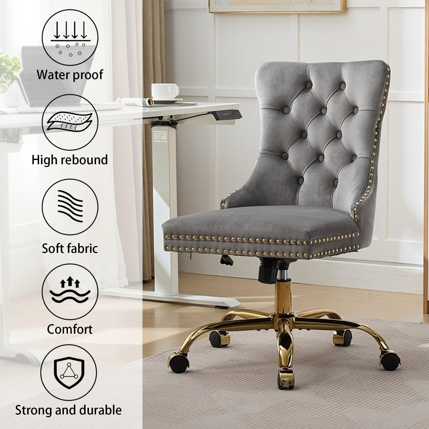 Velvet Tufted Office Chair – Adjustable Swivel Desk Chair with Gold Base & Soft Cushion