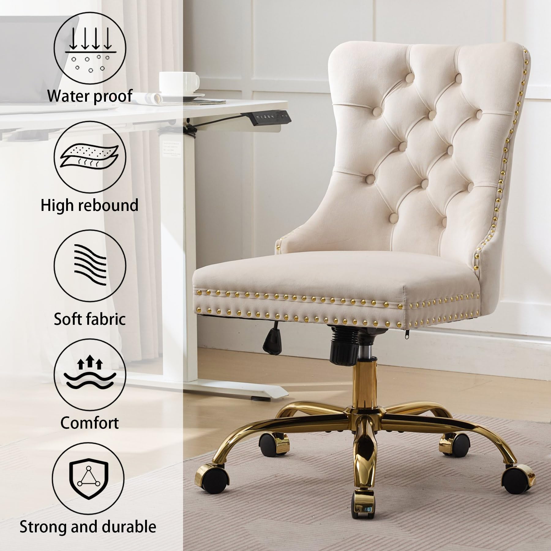 Velvet Tufted Office Chair – Adjustable Swivel Desk Chair with Gold Base & Soft Cushion