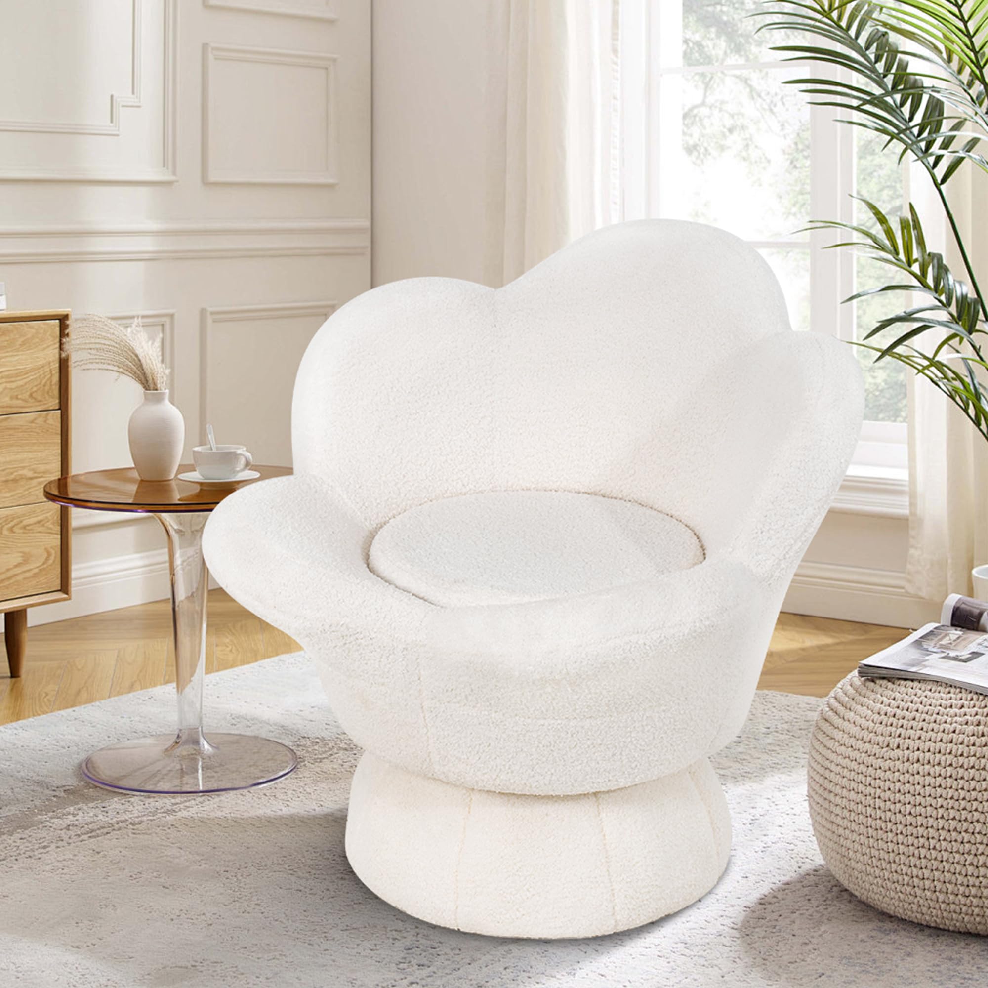 Bouclé Flower Swivel Vanity Chair – 360° Petal Accent Chair for Bedroom or Living Room